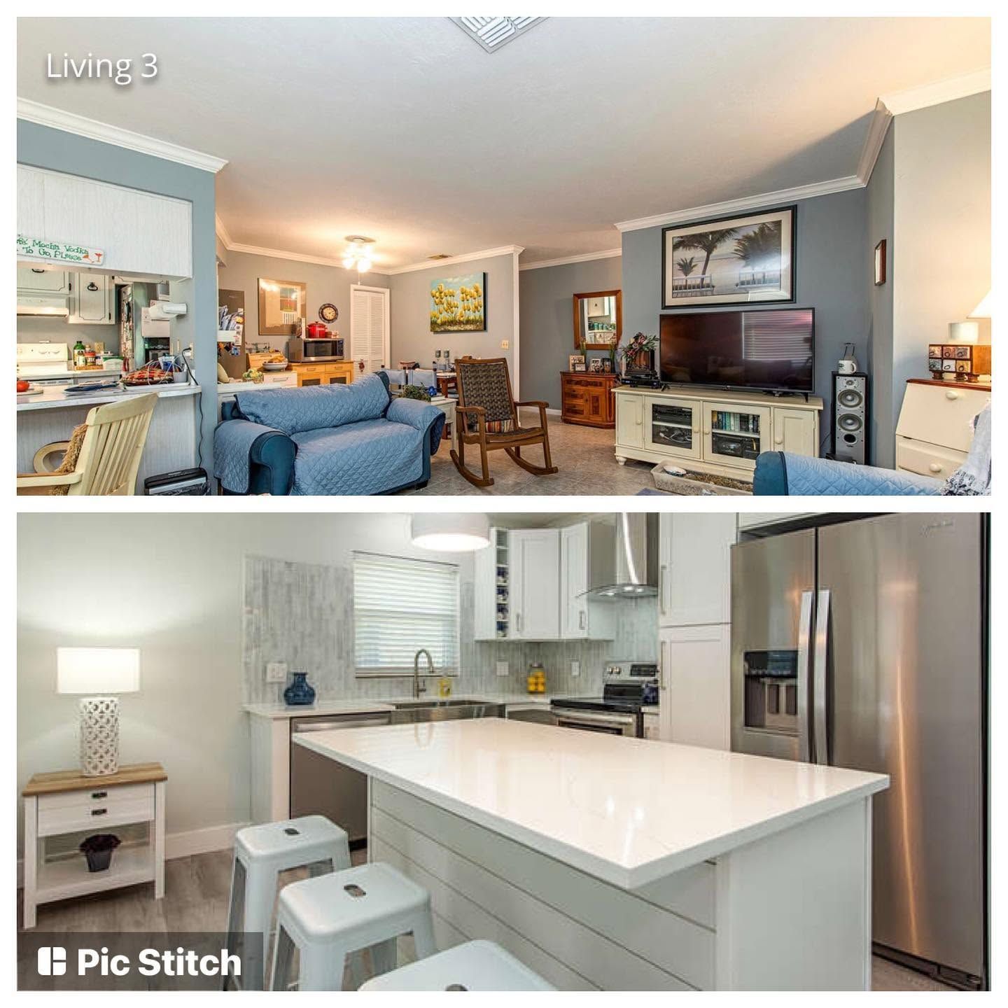 Open-plan living room and bright white kitchen with island, stainless fridge, and blue-gray decor