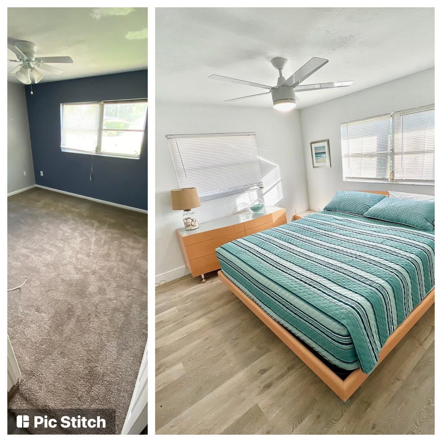 Before-and-after bedroom photo: empty dark room beside bright furnished bedroom with striped bedspread and ceiling fan.