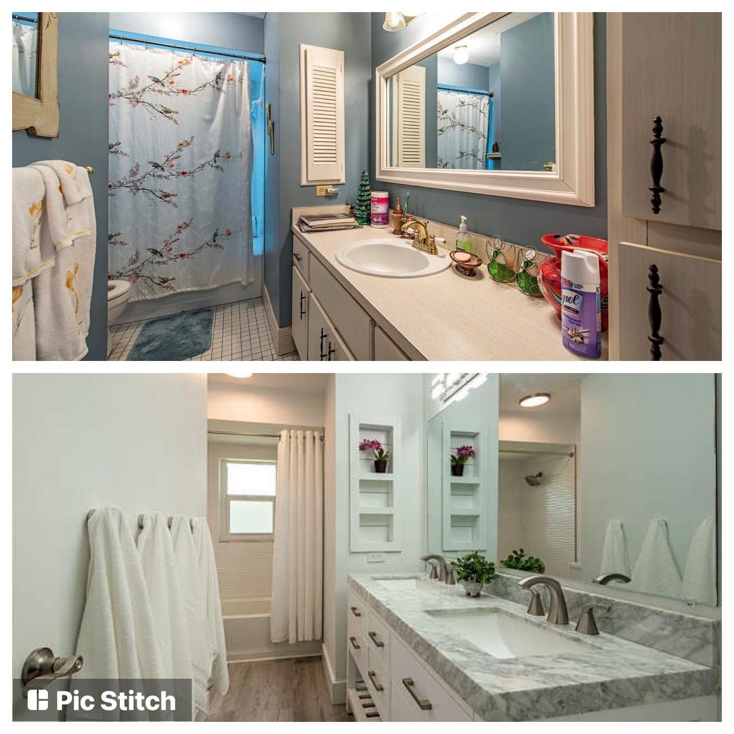 Before-and-after bathroom remodel with new double vanity, white walls, marble countertops, and updated lighting