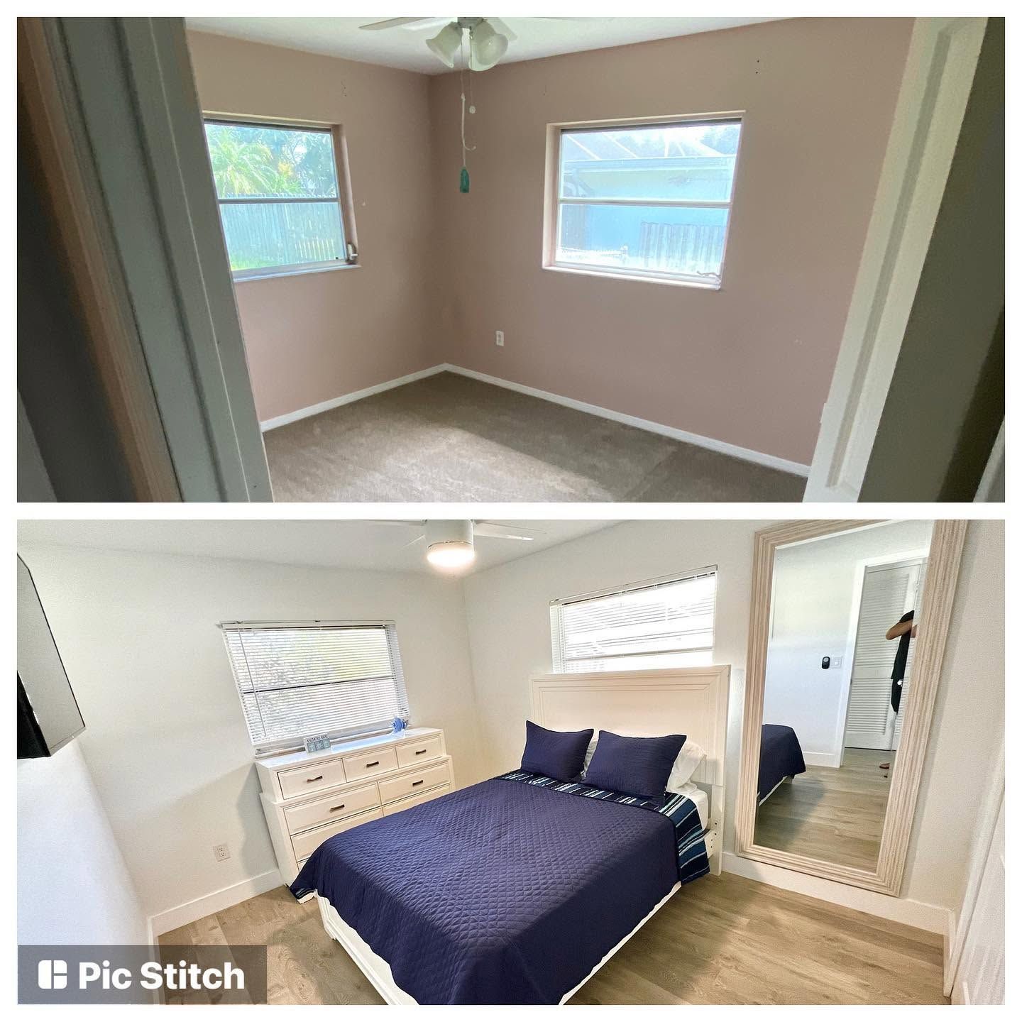 Two-bedroom interior with beige walls, white trim, and a navy bed in a bright, hardwood-floored room.