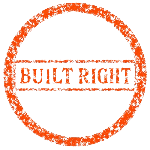 Orange circular stamp with the words “BUILT RIGHT” in the center.