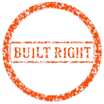 Orange circular stamp with the words &ldquo;BUILT RIGHT&rdquo; in the center.