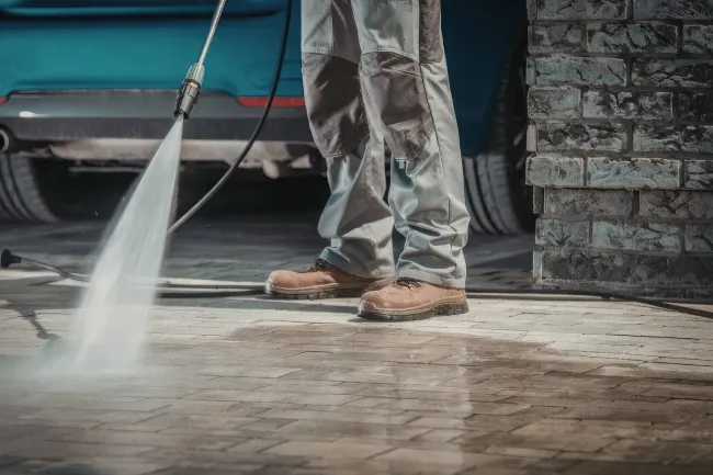 A person wearing sturdy work pants and boots uses a pressure washer to clean a paved driveway near a brick wall.