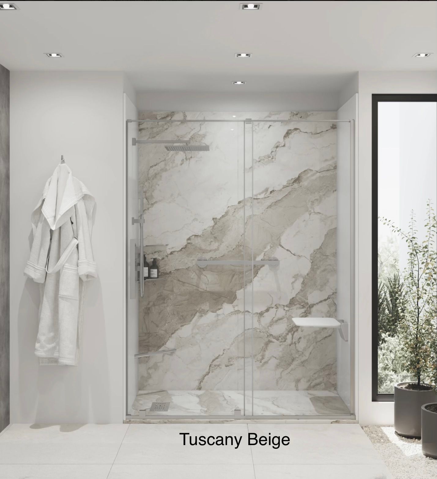Modern beige marble shower enclosure in a minimalist bathroom with white walls and robe hanging nearby