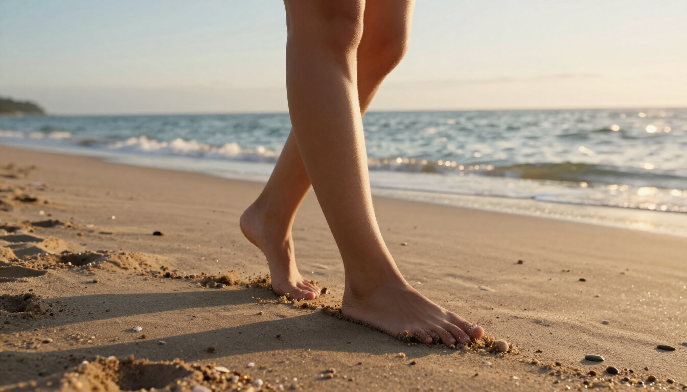 Person walking on beach sand during summer sunset