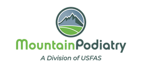 Mountain Podiatry logo: mountains within a circle, green text.