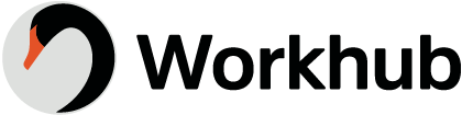 The logo for workhub is black and white with a red arrow.