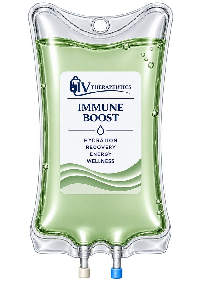 Green IV fluid bag labeled “Immune Boost” with two ports at the bottom