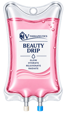 Pink IV bag labeled “Beauty Drip” with hanging ports and clear fluid inside