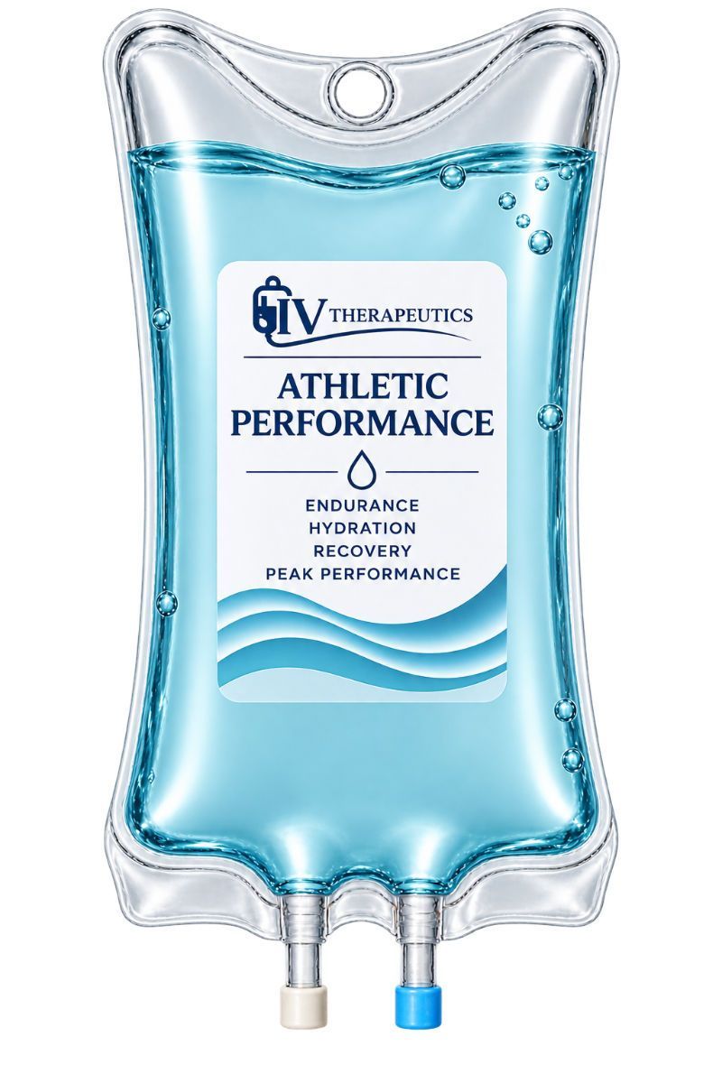 Blue IV fluid bag labeled “Athletic Performance” with two ports and a white label center
