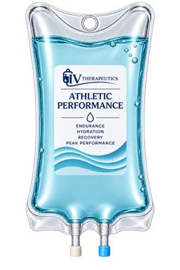 Blue IV hydration bag labeled “Athletic Performance” with two tubes at the bottom