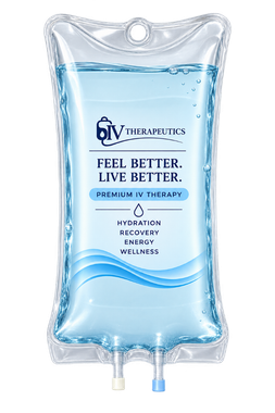Blue plastic IV fluid bag with printed label and two bottom ports