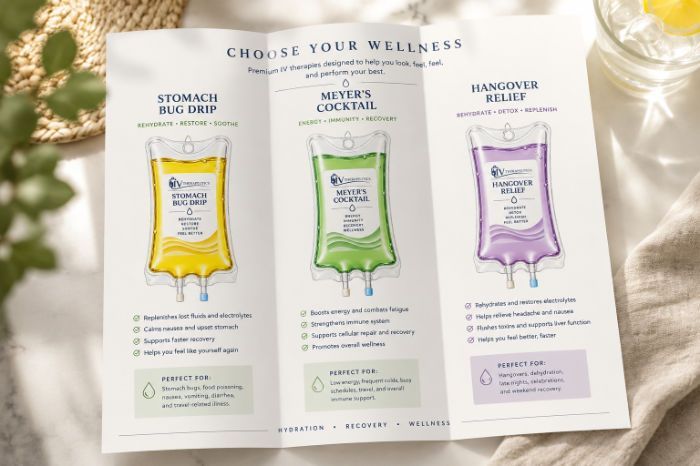 Three illustrated product sheets on a table, each showing a colorful potted plant design with text above and below.