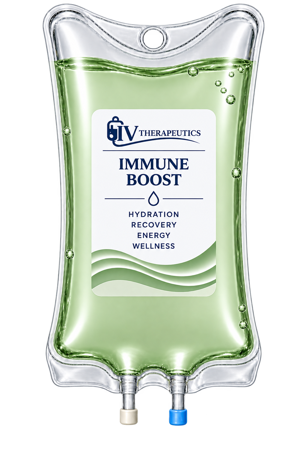 Green IV fluid bag labeled “Immune Boost” with two ports at the bottom