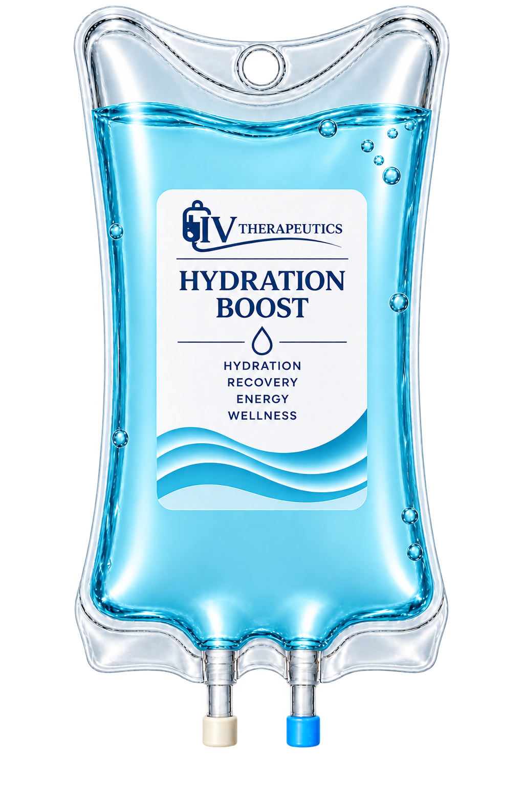 Blue IV hydration bag labeled “Hydration Boost” with fluid ports at the bottom.