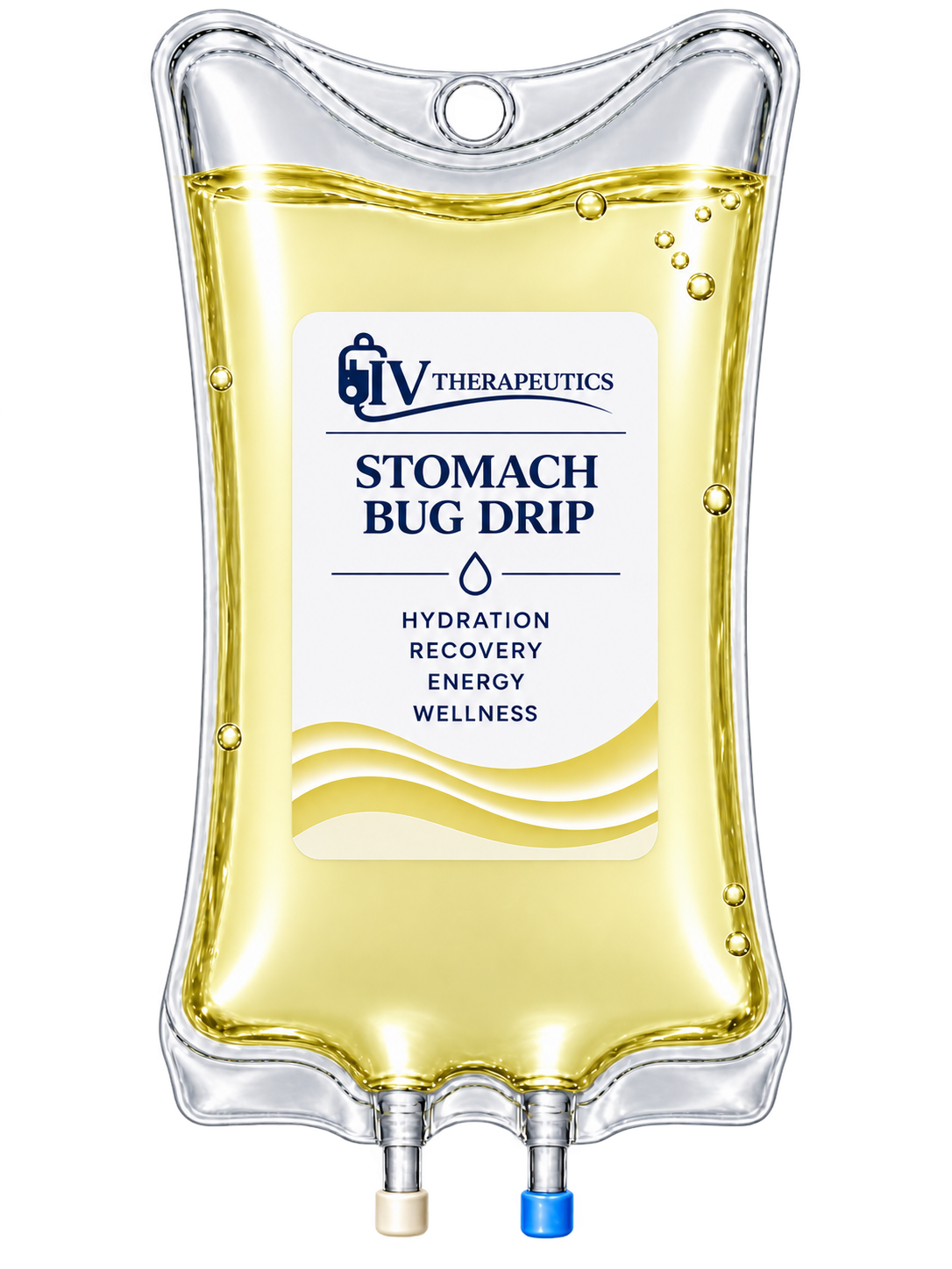 IV therapy IV bag labeled “Stomach Bug Drip,” clear fluid with white label and blue cap