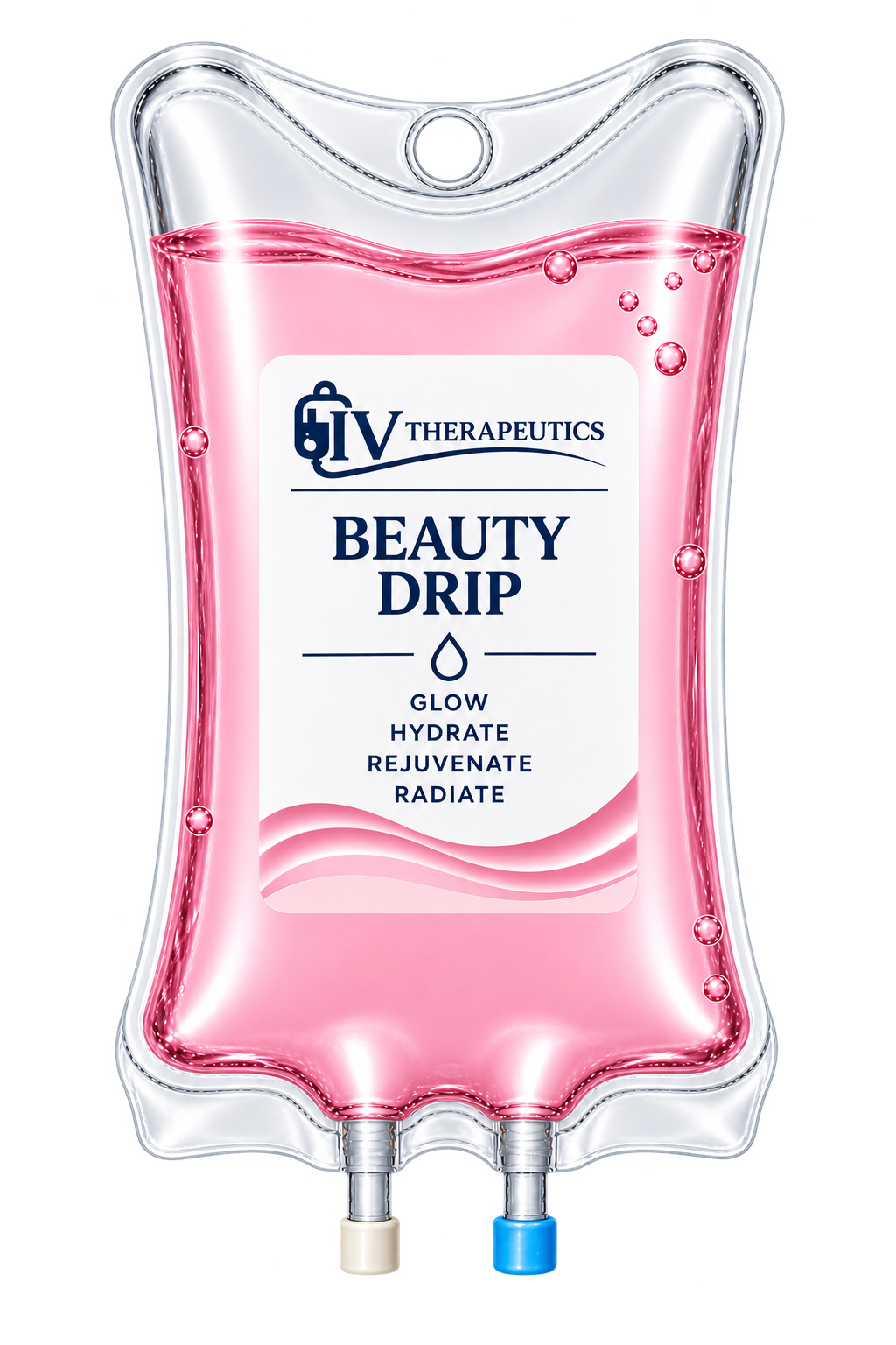 Pink IV hydration bag labeled “Beauty Drip” with two ports and clear fluid inside