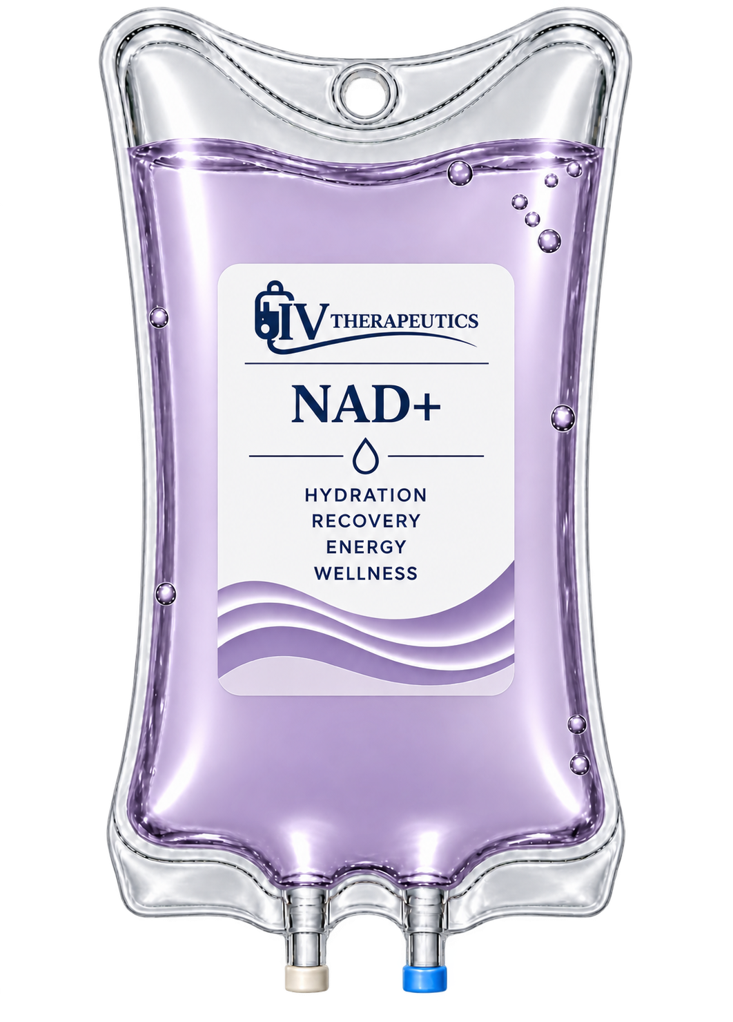 Purple IV hydration bag labeled “NAD+” with two bottom ports