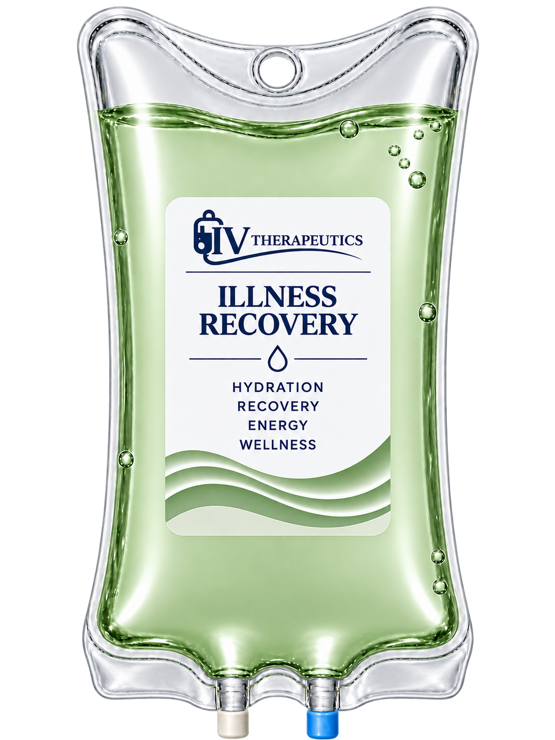 Clear IV bag labeled “Illness Recovery” with green liquid, suggesting hydration therapy