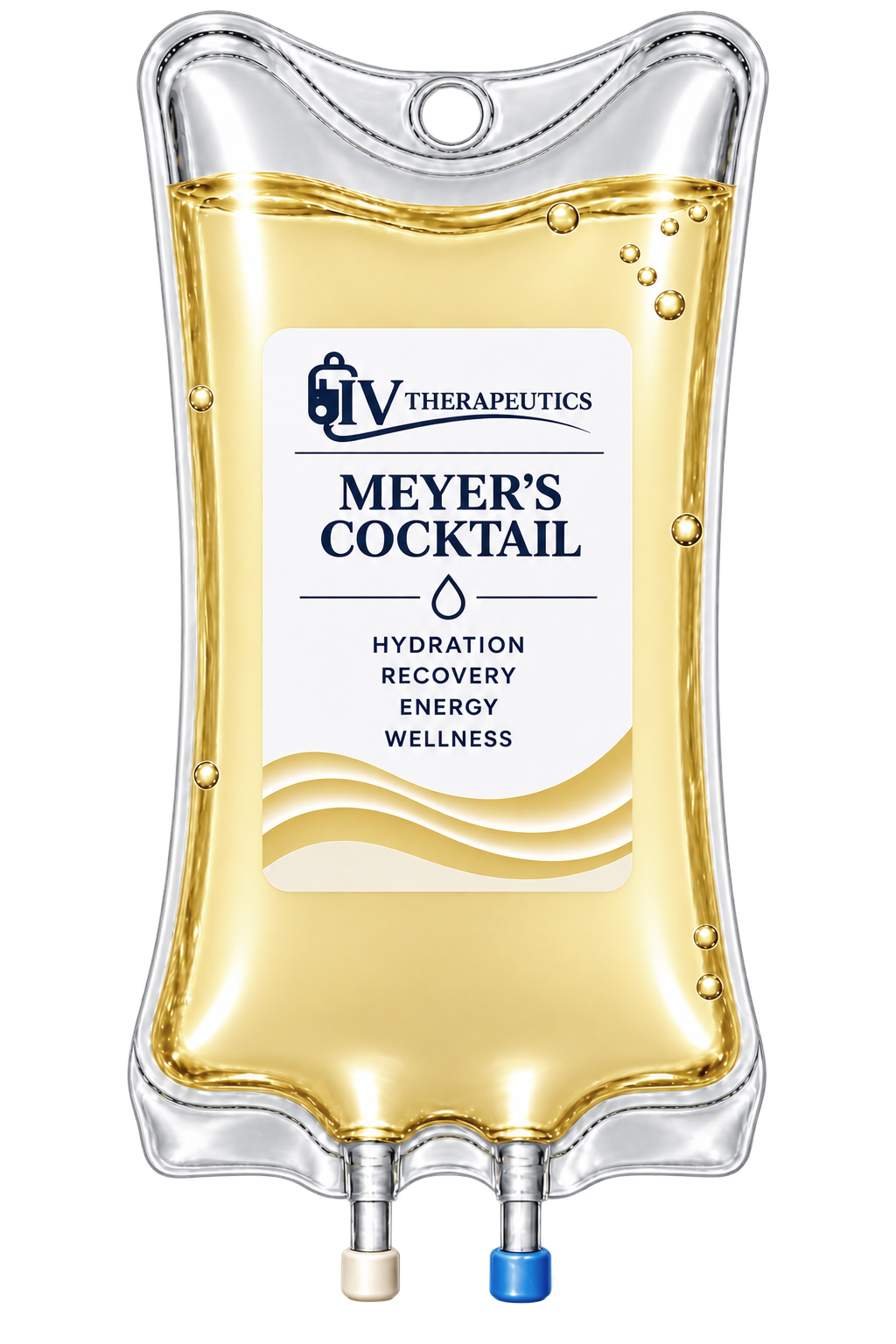 IV fluid bag labeled “Meyer’s Cocktail” with pale yellow liquid and two bottom ports