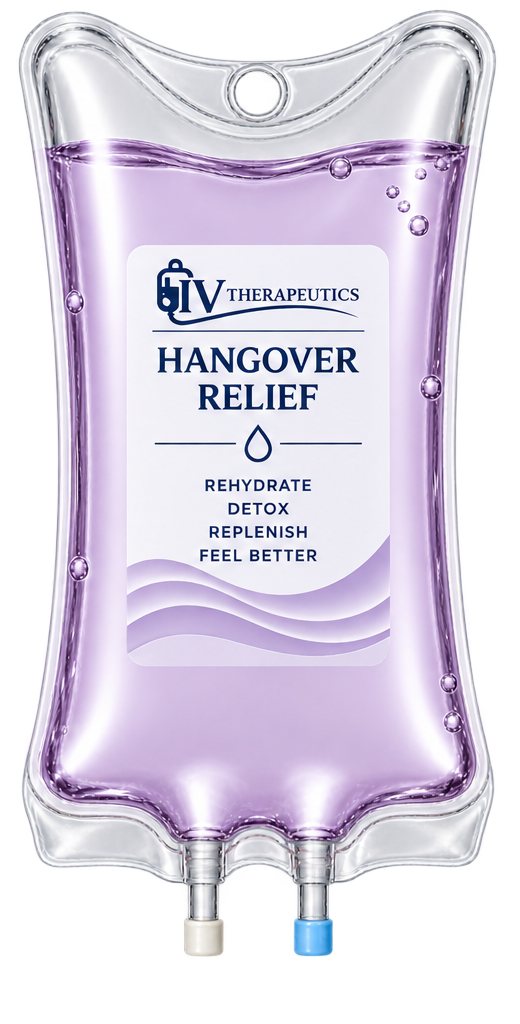 Purple IV bag labeled “Hangover Relief” with a clear liquid and two ports at the bottom