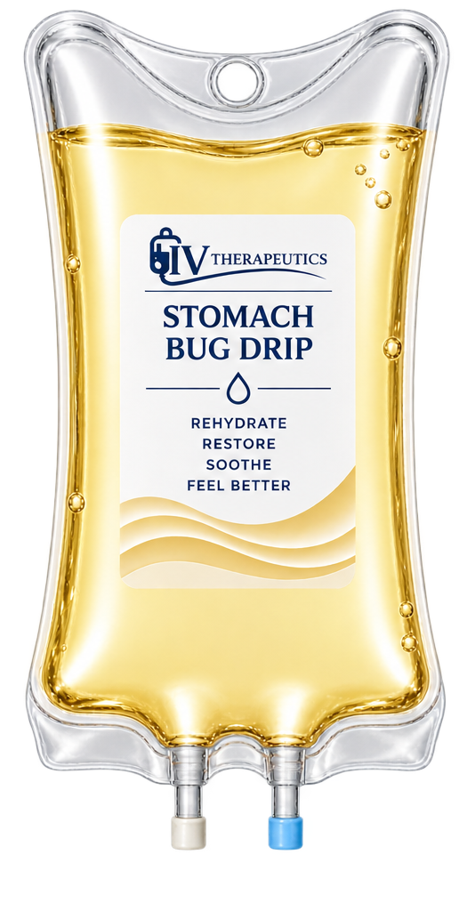 IV bag labeled “Stomach Bug Drip,” filled with yellow fluid, with two ports at the bottom
