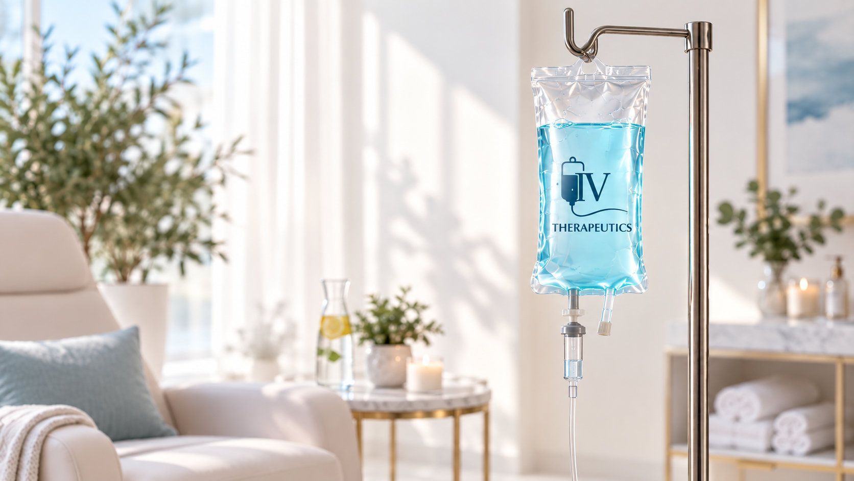 IV drip bag hanging in a bright, modern room with a sofa and plants in the background