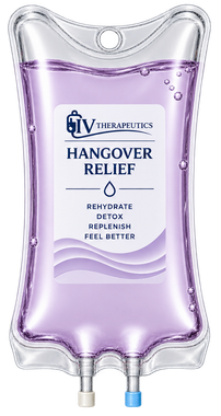 Purple IV bag labeled “Hangover Relief” with clear liquid and two ports at the bottom
