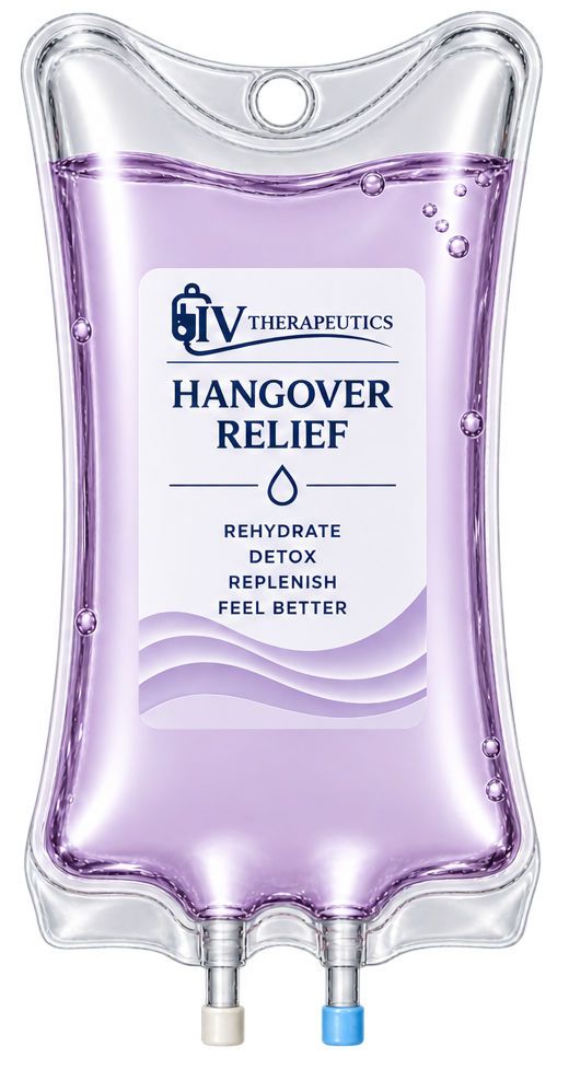 Purple IV drip bag labeled “Hangover Relief” with clear fluid and two ports