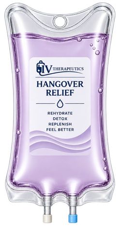 Purple IV drip bag labeled “Hangover Relief” with clear fluid and two ports