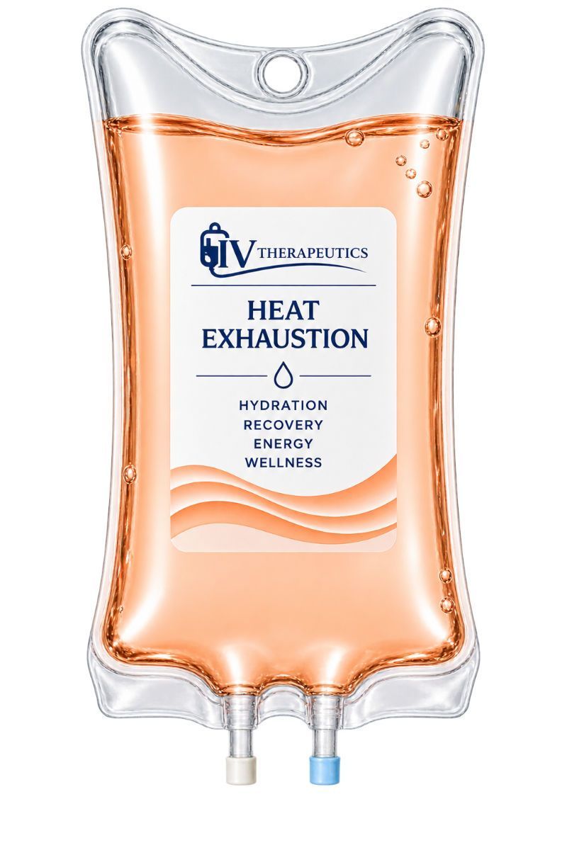 IV infusion bag labeled “Heat Exhaustion,” clear with orange liquid and blue and white ports