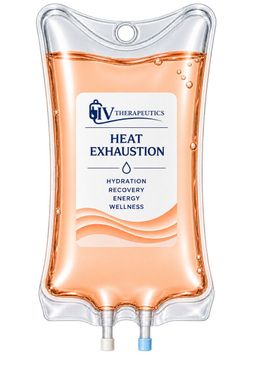 Clear IV bag labeled “Heat Exhaustion” with orange fluid and two ports