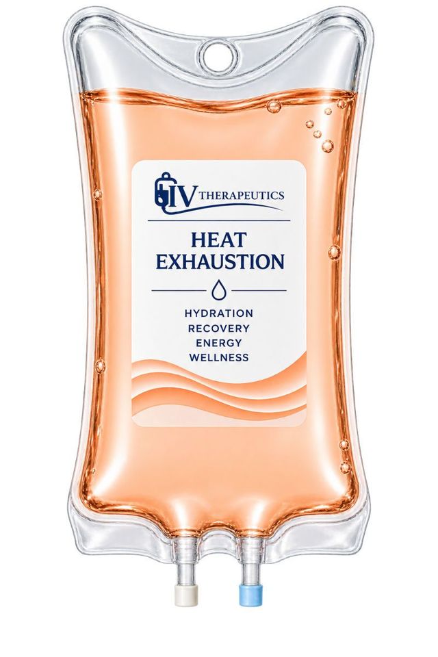 Orange IV fluid bag labeled “Heat Exhaustion,” with clear liquid and blue/white accents