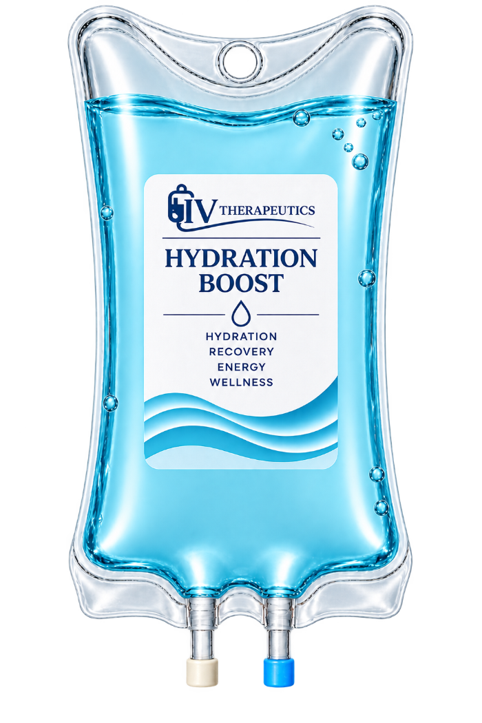 Clear IV bag labeled “Hydration Boost” with blue fluid inside and two tubes at the bottom