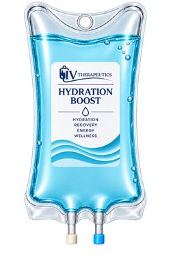 Blue hydration IV bag labeled “Hydration Boost” with clear fluid and hanging ports