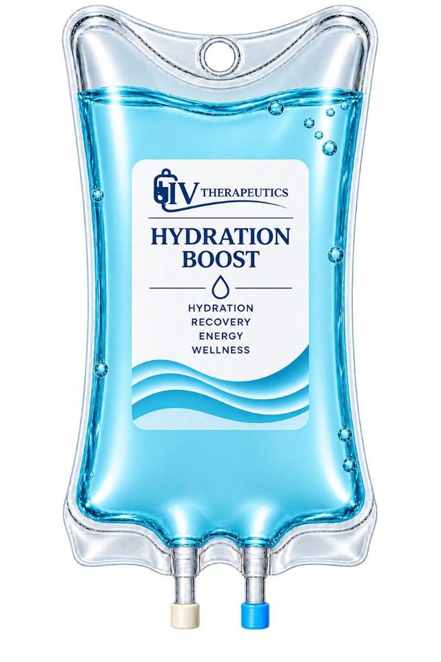 Blue IV hydration bag labeled “Hydration Boost” with two ports and clear fluid inside
