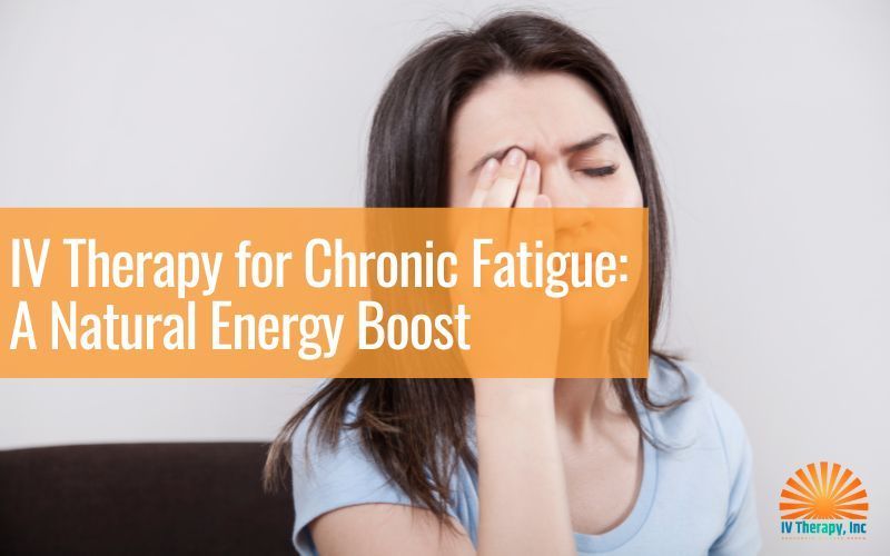 Woman covering her face on a couch with text: “IV Therapy for Chronic Fatigue: A Natural Energy Boost”