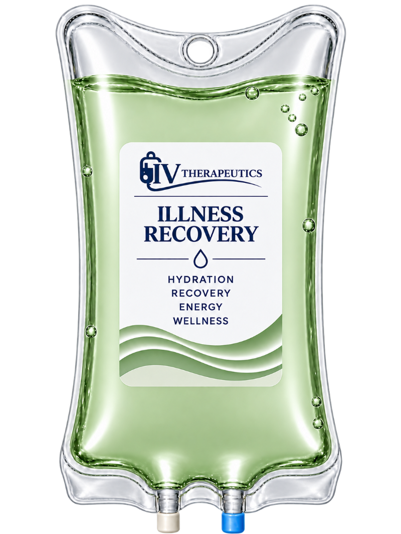 Green IV bag labeled “Illness Recovery” with hydration and wellness text