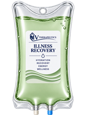 Green IV bag labeled “Illness Recovery” with hydration, immunity, and wellness text
