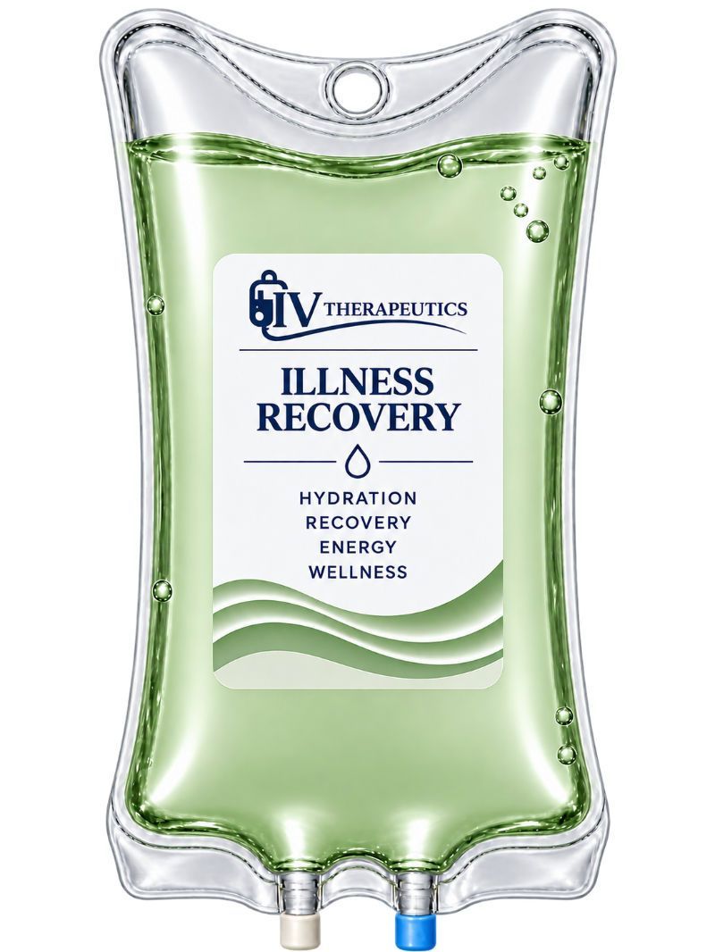 Green IV bag labeled “Illness Recovery” with hydration and wellness text