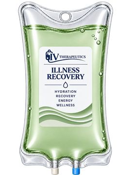 Green IV bag labeled “Illness Recovery” with hydration and wellness text