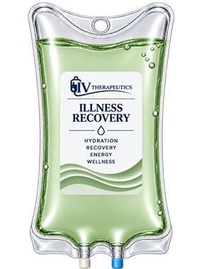 Green IV bag labeled “Illness Recovery” with hydration, immunity, and wellness text