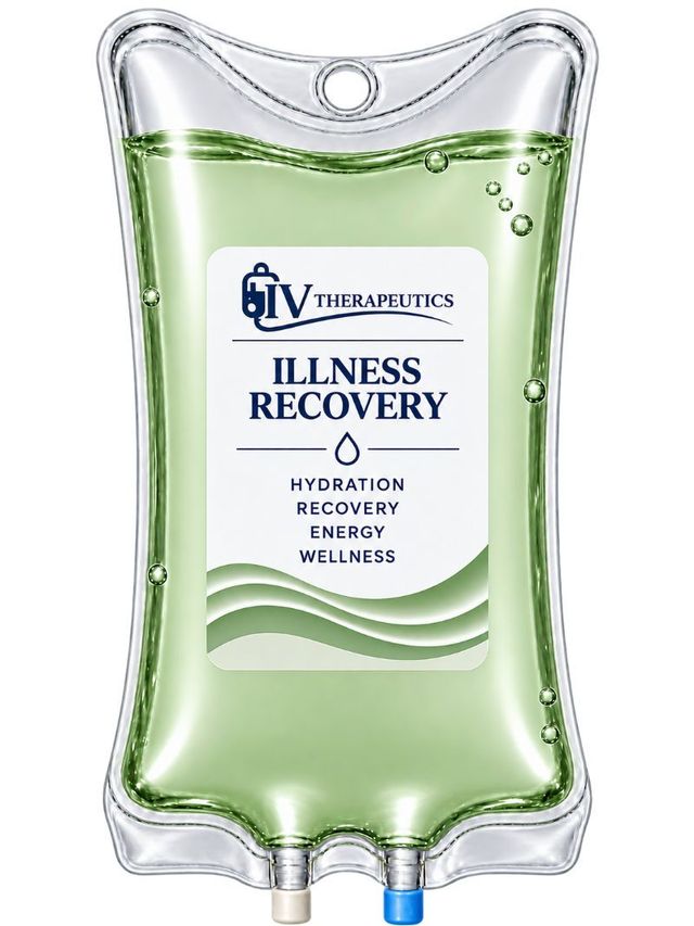 Green IV bag labeled “Illness Recovery” with hydration, immune, and wellness text