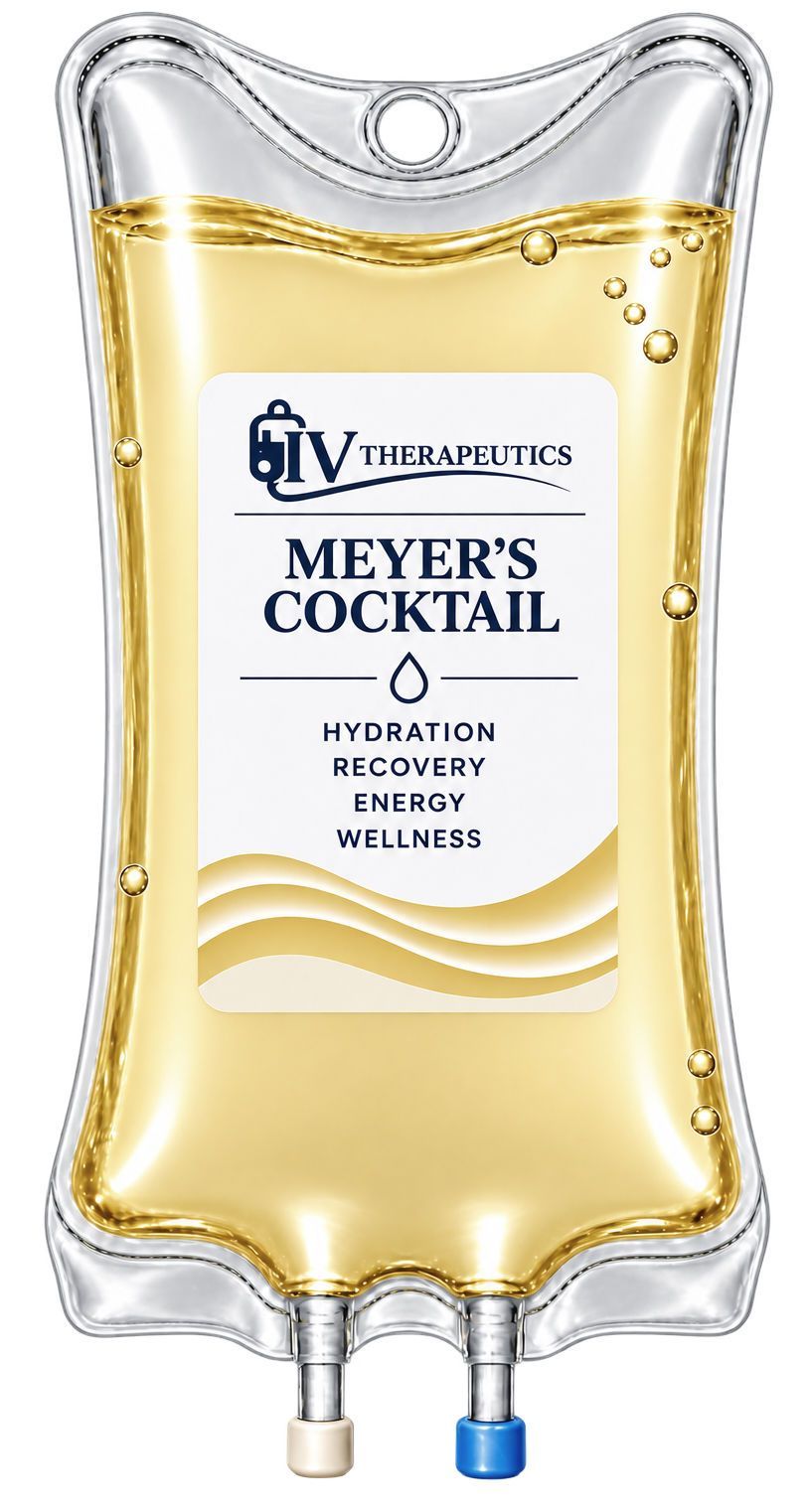 Meyer's Cocktail IV drip bag with clear yellow fluid and silver-trimmed pouch, hanging with blue and clear ports