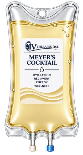 Meyer's Cocktail IV drip bag with clear yellow fluid and silver-trimmed pouch, hanging with blue and clear ports