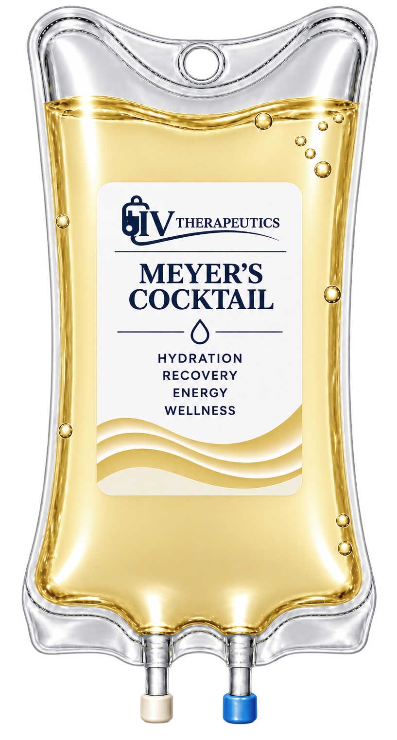 Clear Meyer's Cocktail IV drip bag with yellow liquid and blue-white label, hanging from top ports