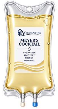 Meyer's Cocktail IV fluid bag with clear yellow liquid and two ports