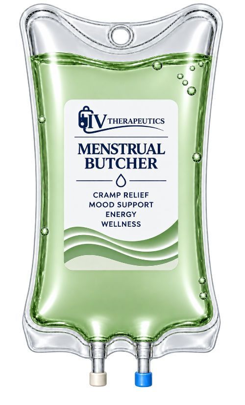 IV Menstrual Butcher in green liquid pouch with clear top and two bottom nozzles
