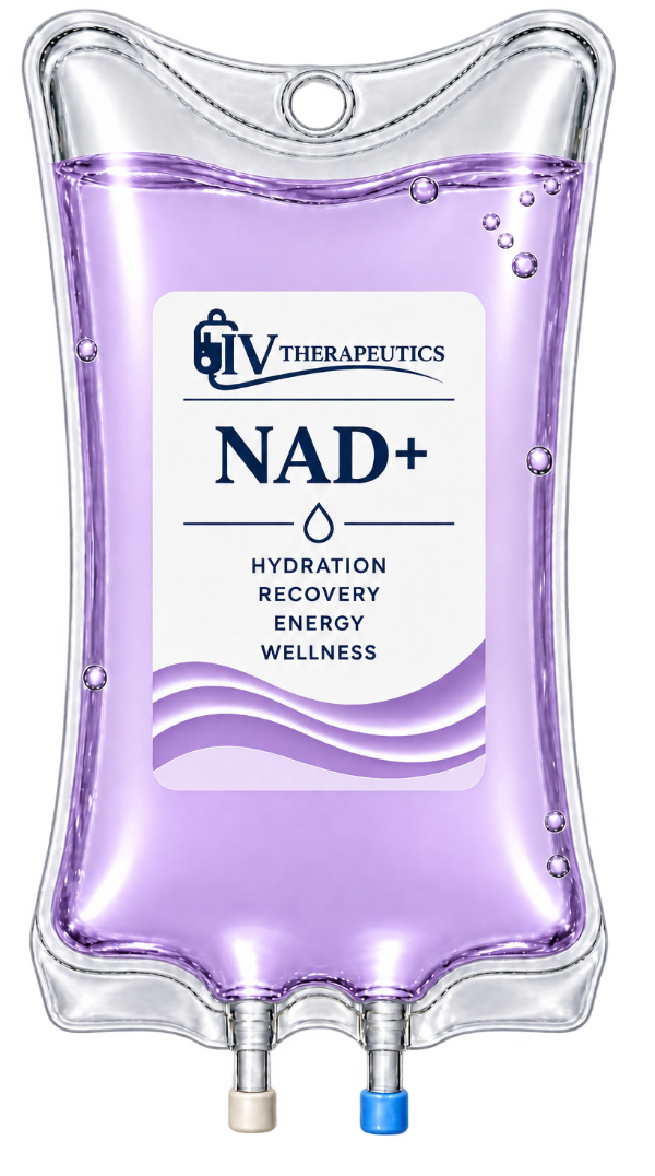 Purple IV hydration bag labeled “NAD+” with two ports at the bottom