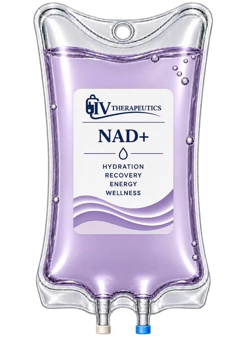 Purple IV drip bag labeled NAD+ with tubing ports and a white top seal